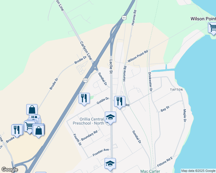 map of restaurants, bars, coffee shops, grocery stores, and more near 570 Sundial Drive in Orillia