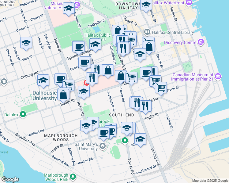 map of restaurants, bars, coffee shops, grocery stores, and more near 5778 South Street in Halifax