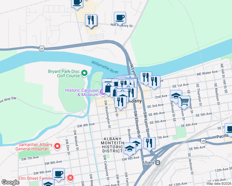map of restaurants, bars, coffee shops, grocery stores, and more near 328 West 1st Avenue in Albany