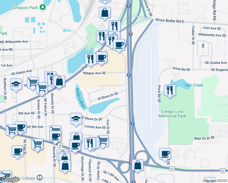 map of restaurants, bars, coffee shops, grocery stores, and more near 3161 North Shore Drive Southeast in Albany