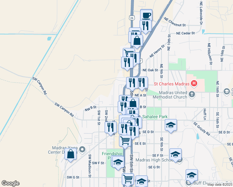 map of restaurants, bars, coffee shops, grocery stores, and more near 105 Northwest 4th Street in Madras