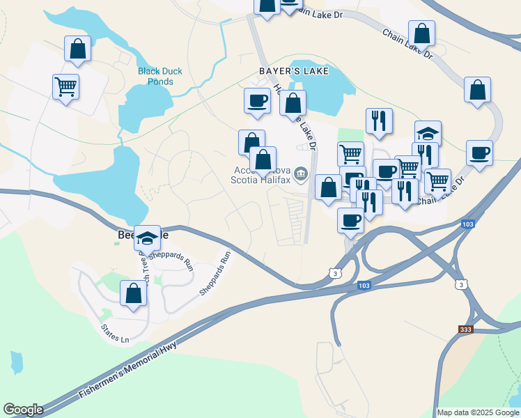 map of restaurants, bars, coffee shops, grocery stores, and more near Zeppelin Crescent in Beechville