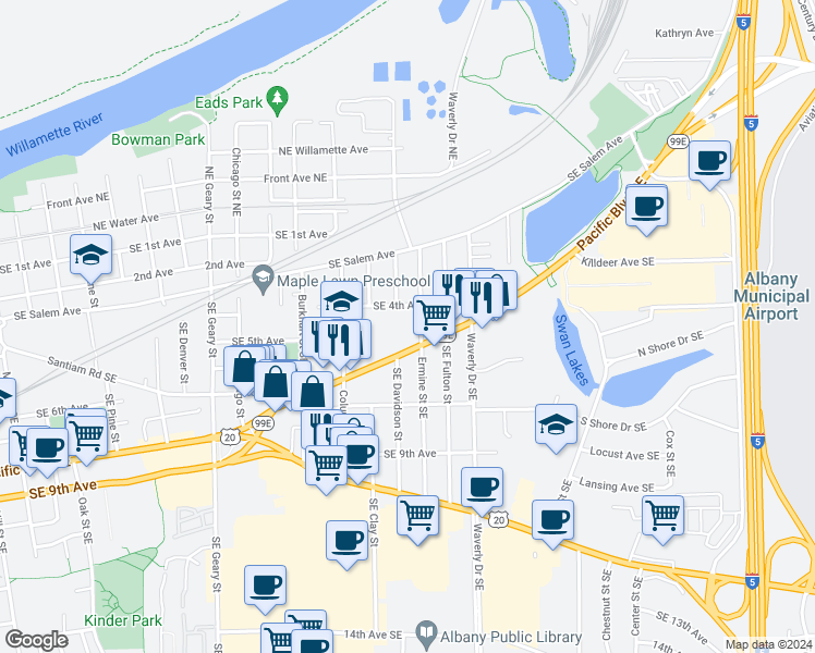 map of restaurants, bars, coffee shops, grocery stores, and more near 2409 Pacific Boulevard Southeast in Albany
