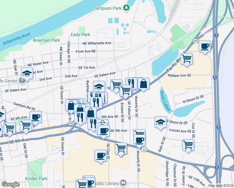 map of restaurants, bars, coffee shops, grocery stores, and more near 2409 Pacific Boulevard Southeast in Albany