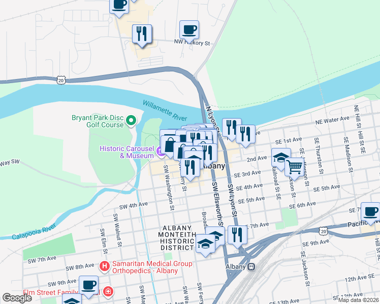 map of restaurants, bars, coffee shops, grocery stores, and more near 309 West 1st Avenue in Albany