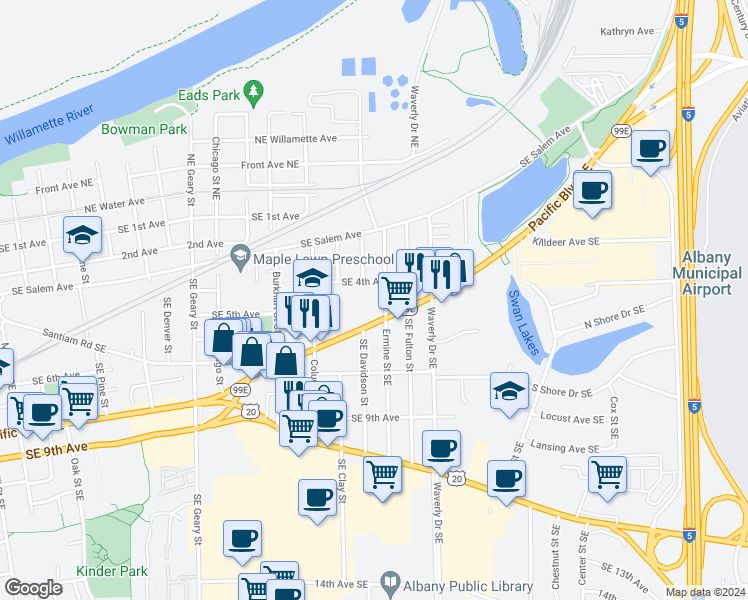 map of restaurants, bars, coffee shops, grocery stores, and more near 440 Ermine Street Southeast in Albany