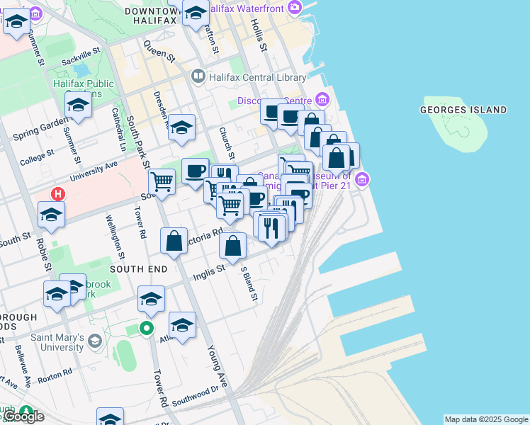 map of restaurants, bars, coffee shops, grocery stores, and more near 5254 Green Street in Halifax