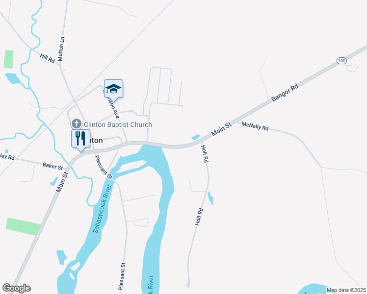 map of restaurants, bars, coffee shops, grocery stores, and more near 1295 Main Street in Clinton