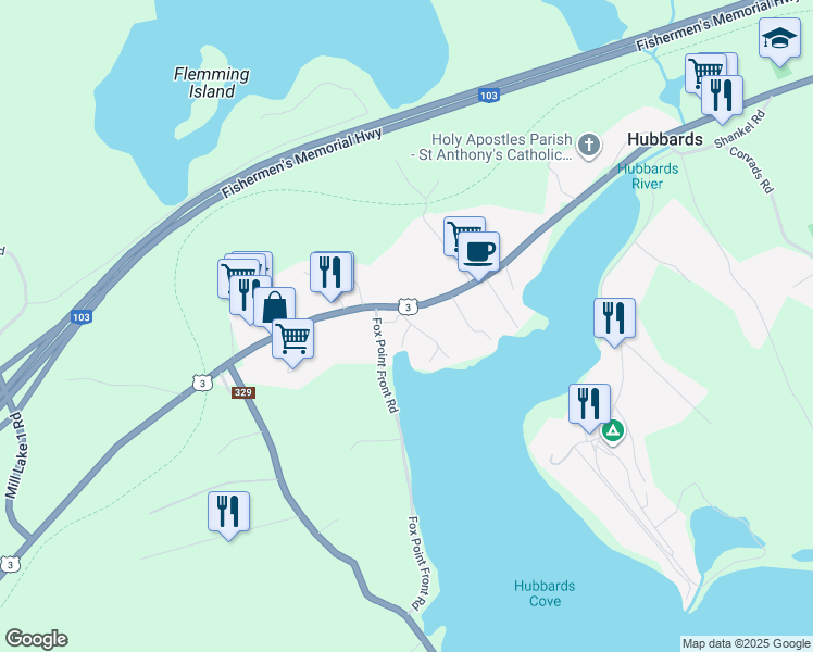 map of restaurants, bars, coffee shops, grocery stores, and more near 3 Keans Road in Hubbards