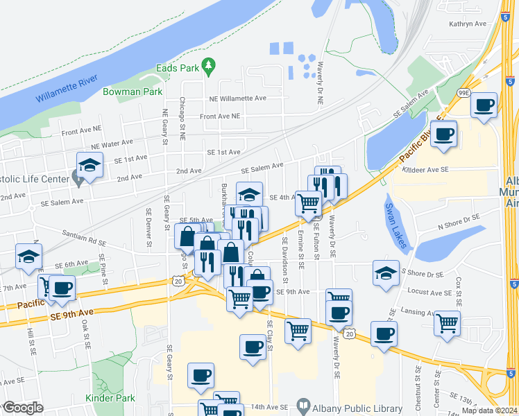 map of restaurants, bars, coffee shops, grocery stores, and more near 425 Columbus Street Southeast in Albany