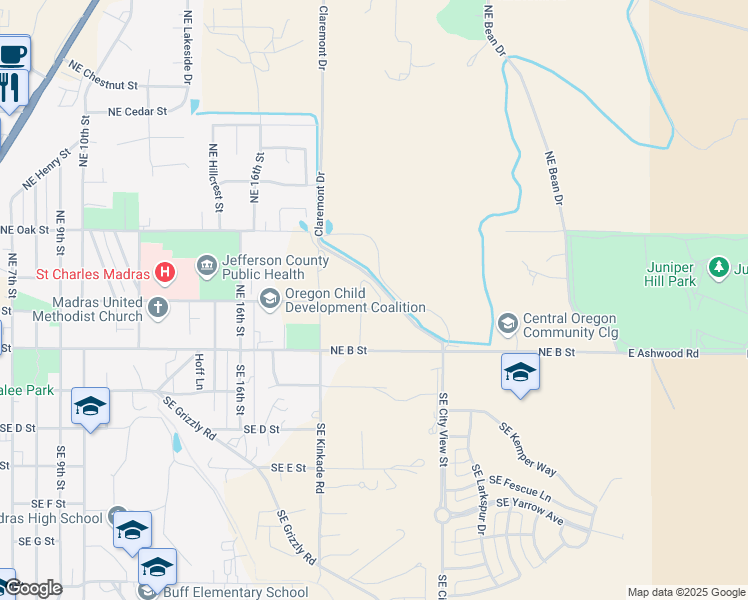 map of restaurants, bars, coffee shops, grocery stores, and more near 860 Northeast B Street in Madras