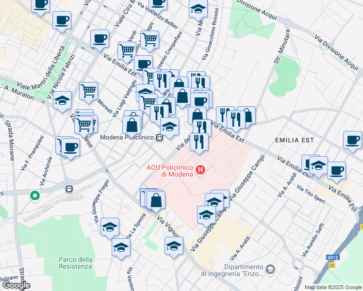 map of restaurants, bars, coffee shops, grocery stores, and more near 210 Via del Pozzo in Modena
