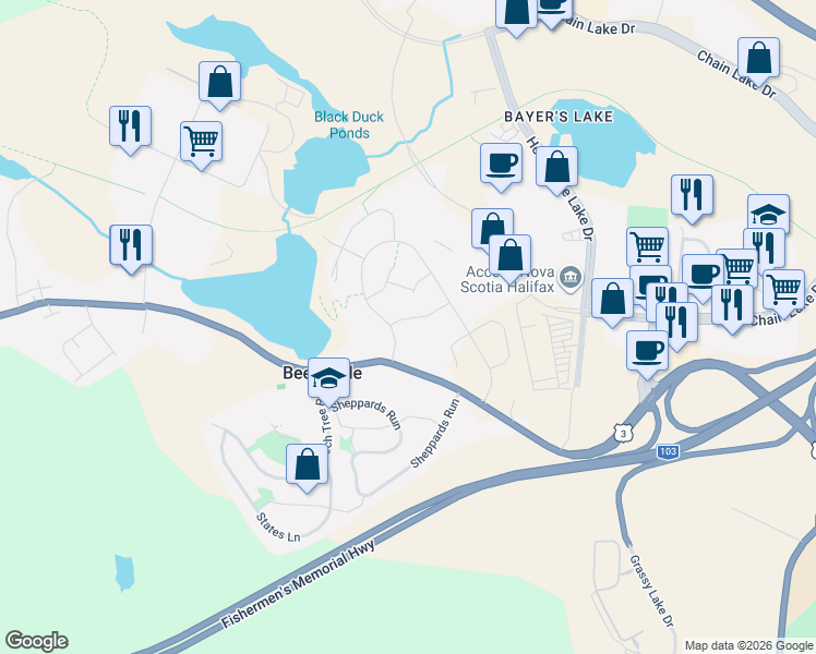 map of restaurants, bars, coffee shops, grocery stores, and more near 17 Grosse Street in Halifax