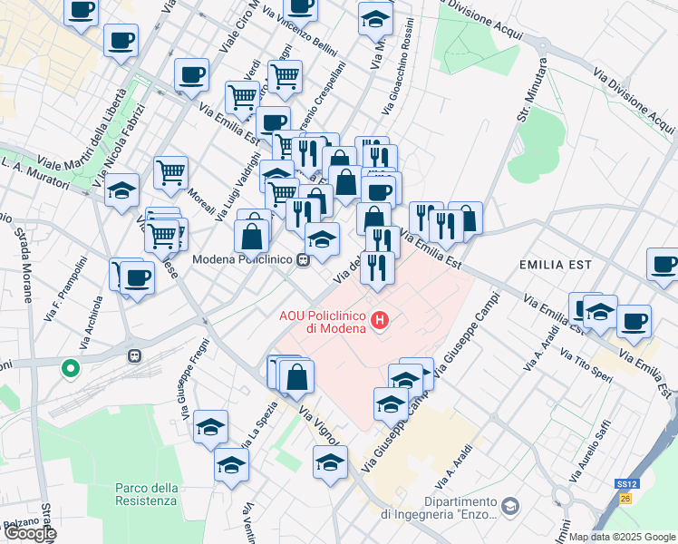 map of restaurants, bars, coffee shops, grocery stores, and more near 206-210 Via del Pozzo in Modena