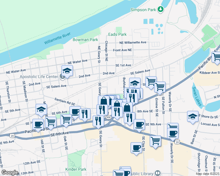map of restaurants, bars, coffee shops, grocery stores, and more near 435 Southeast Chicago Street in Albany