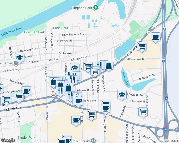 map of restaurants, bars, coffee shops, grocery stores, and more near 416 Ermine Street Southeast in Albany