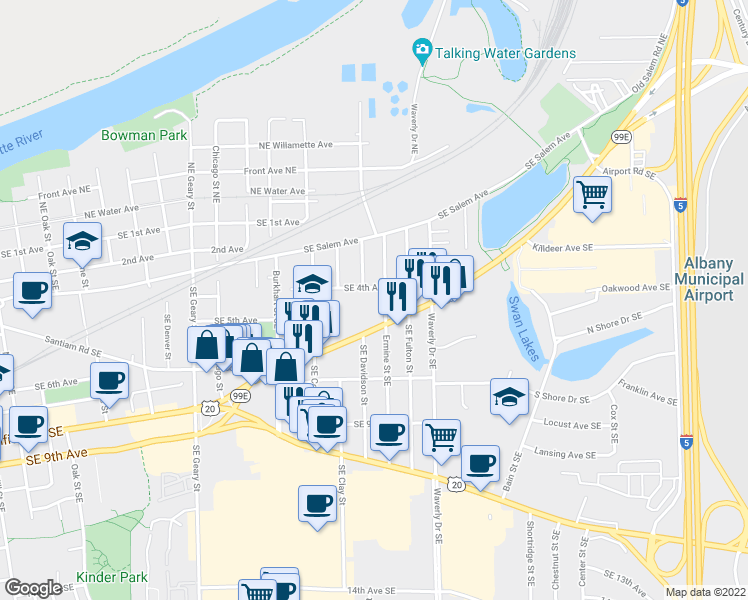map of restaurants, bars, coffee shops, grocery stores, and more near 410 Ermine Street Southeast in Albany