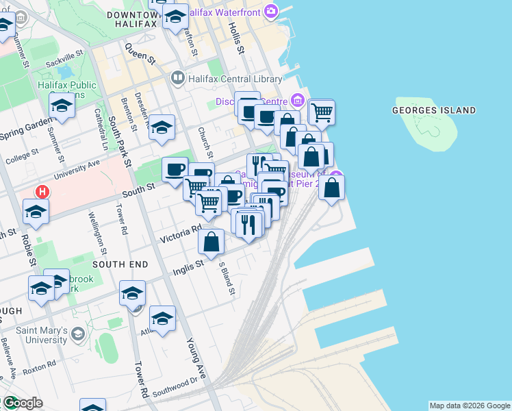 map of restaurants, bars, coffee shops, grocery stores, and more near 5222 Green Street in Halifax