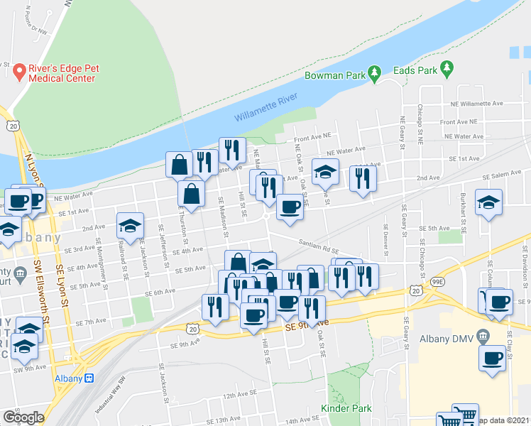 map of restaurants, bars, coffee shops, grocery stores, and more near SE Main St & SE Salem Ave in Albany