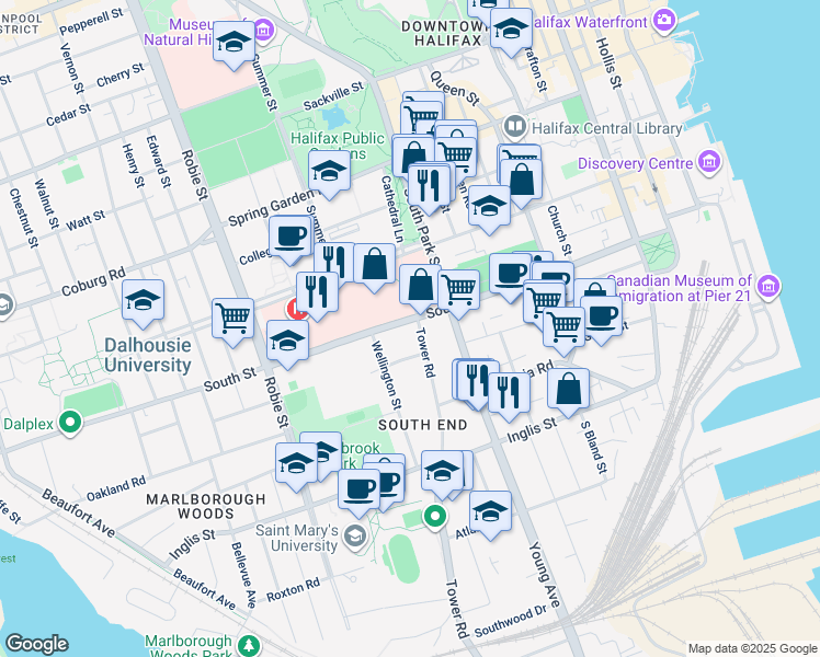 map of restaurants, bars, coffee shops, grocery stores, and more near 1200 Tower Road in Halifax