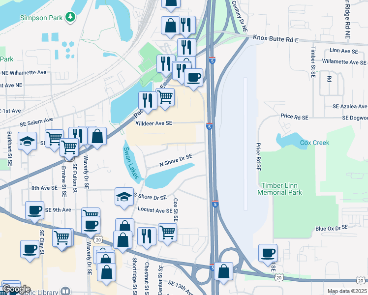 map of restaurants, bars, coffee shops, grocery stores, and more near 3206 North Shore Drive Southeast in Albany