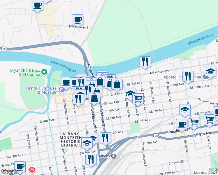 map of restaurants, bars, coffee shops, grocery stores, and more near 110 Southeast 2nd Avenue in Albany