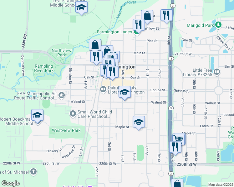 map of restaurants, bars, coffee shops, grocery stores, and more near 317 Walnut Street in Farmington
