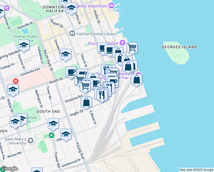 map of restaurants, bars, coffee shops, grocery stores, and more near 1070 Barrington Street in Halifax