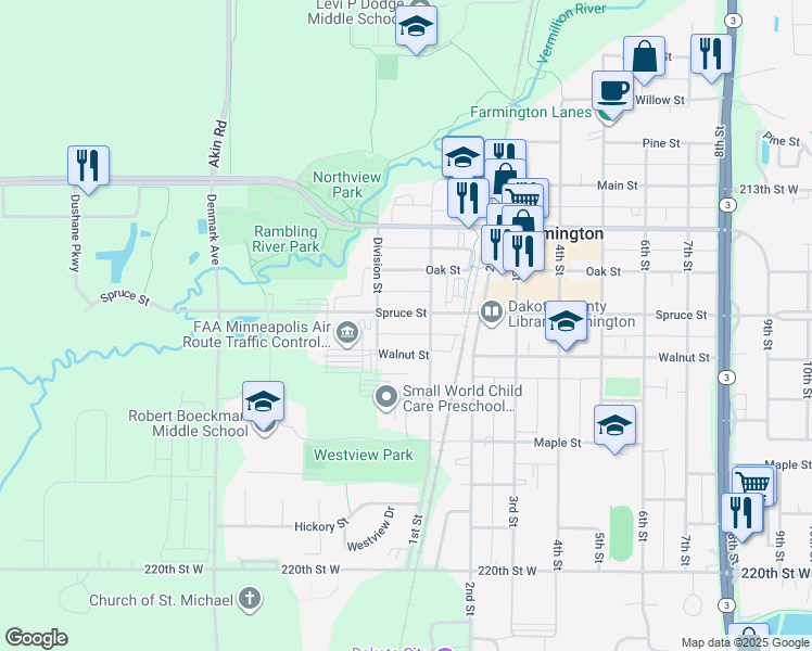 map of restaurants, bars, coffee shops, grocery stores, and more near 26 Spruce Street in Farmington