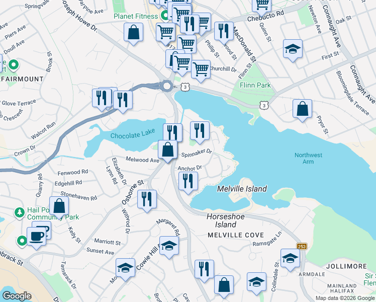 map of restaurants, bars, coffee shops, grocery stores, and more near 12 Spinnaker Drive in Halifax