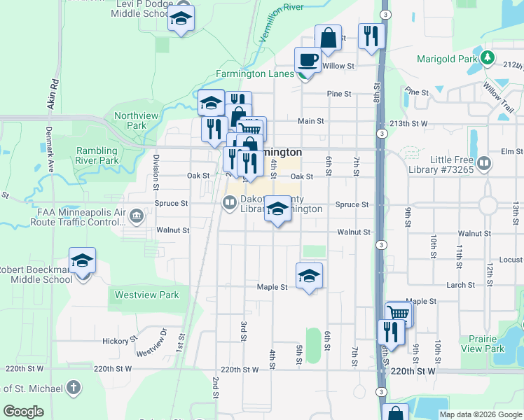 map of restaurants, bars, coffee shops, grocery stores, and more near 300 Spruce Street in Farmington