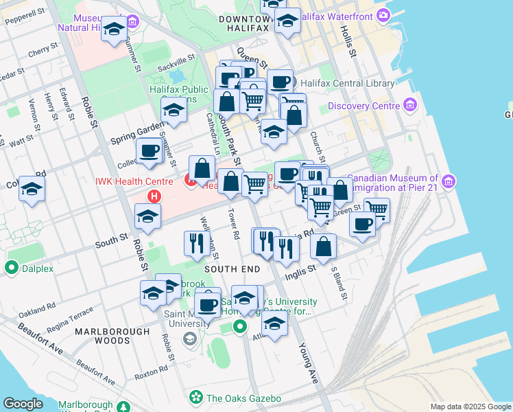 map of restaurants, bars, coffee shops, grocery stores, and more near 1173 South Park Street in Halifax