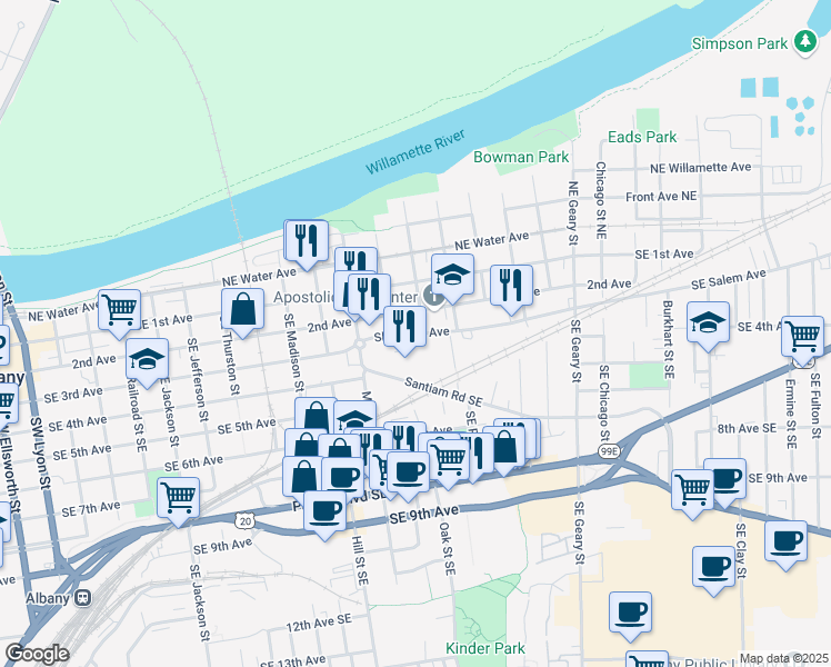 map of restaurants, bars, coffee shops, grocery stores, and more near 1177 Santiam Highway Southeast in Albany