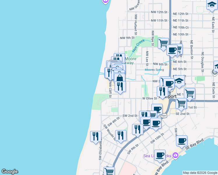 map of restaurants, bars, coffee shops, grocery stores, and more near 71-103 NW Cliff St in Newport