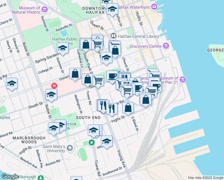 map of restaurants, bars, coffee shops, grocery stores, and more near in Halifax