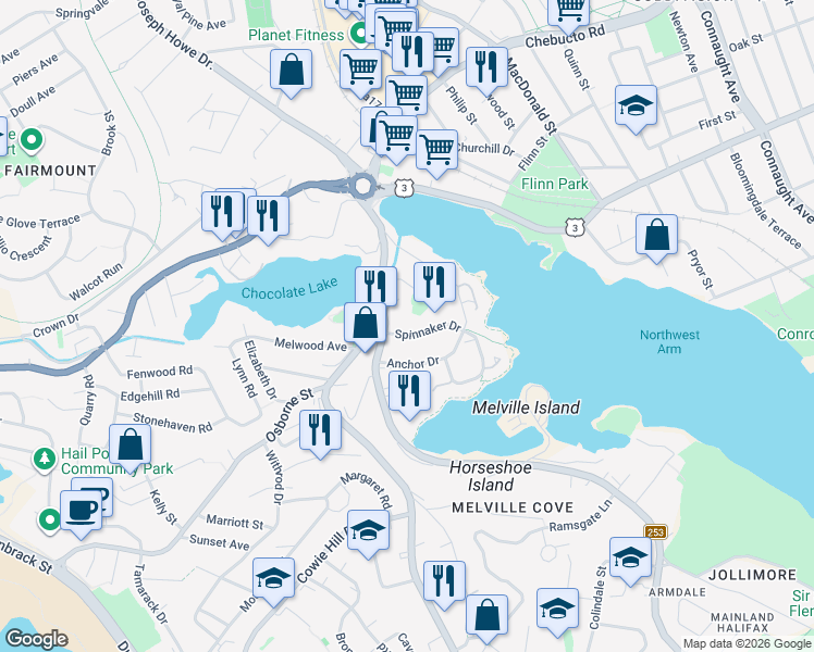 map of restaurants, bars, coffee shops, grocery stores, and more near 12 Spinnaker Drive in Halifax
