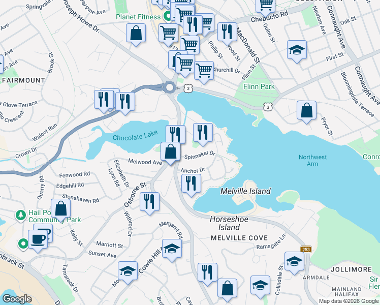 map of restaurants, bars, coffee shops, grocery stores, and more near 85 Spinnaker Drive in Halifax