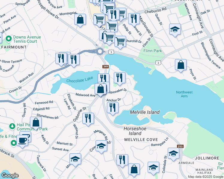 map of restaurants, bars, coffee shops, grocery stores, and more near 12 Spinnaker Drive in Halifax