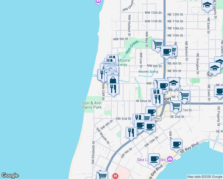 map of restaurants, bars, coffee shops, grocery stores, and more near 28 Northwest Coast Street in Newport
