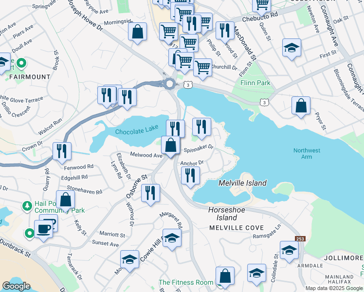 map of restaurants, bars, coffee shops, grocery stores, and more near 80 Spinnaker Drive in Halifax
