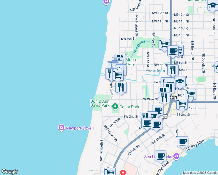 map of restaurants, bars, coffee shops, grocery stores, and more near 219 Northwest Cliff Street in Newport