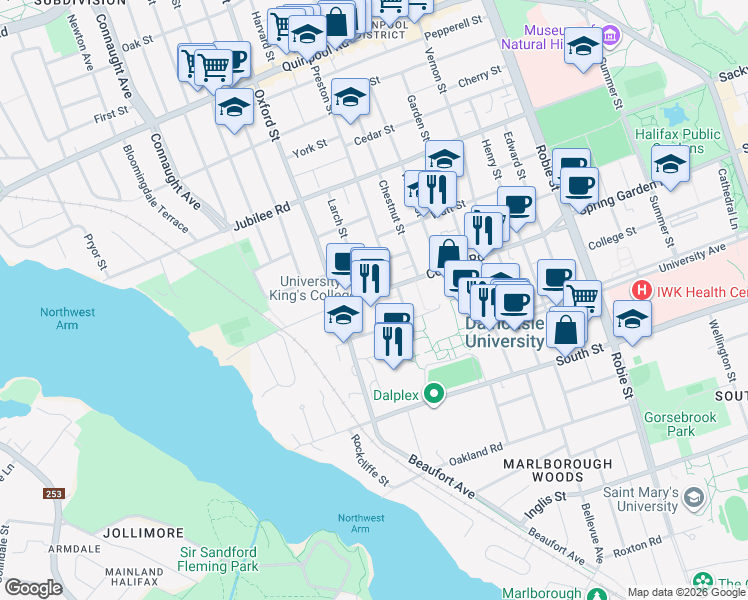 map of restaurants, bars, coffee shops, grocery stores, and more near 6350 Coburg Road in Halifax