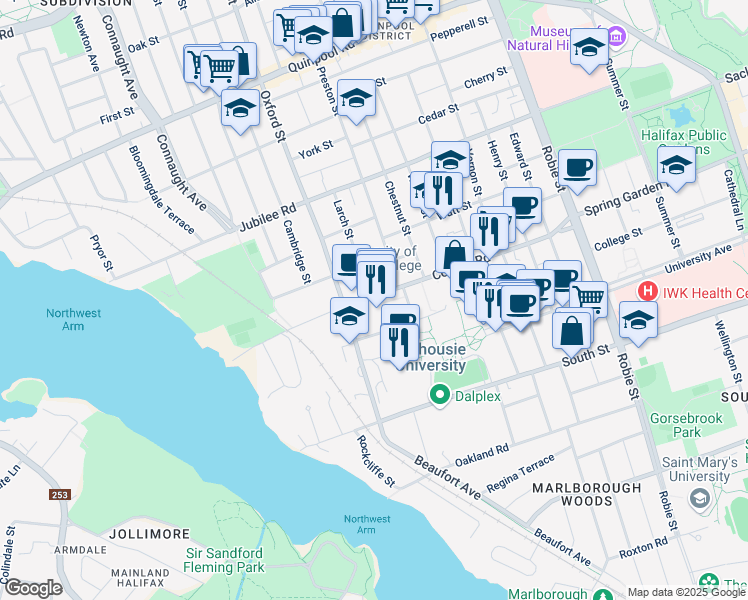 map of restaurants, bars, coffee shops, grocery stores, and more near 6360 Coburg Road in Halifax