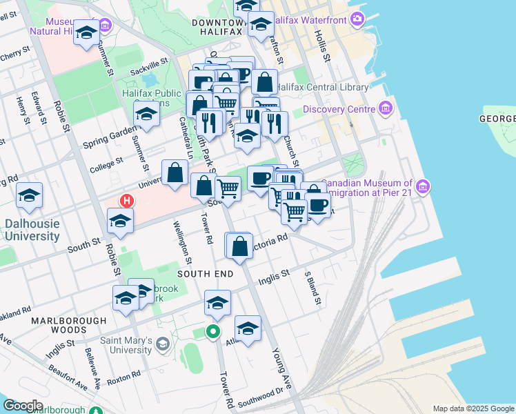 map of restaurants, bars, coffee shops, grocery stores, and more near 5627 Fenwick Street in Halifax