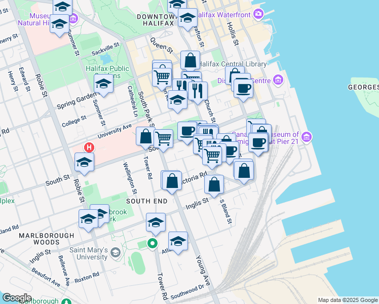 map of restaurants, bars, coffee shops, grocery stores, and more near 5623 Fenwick Street in Halifax