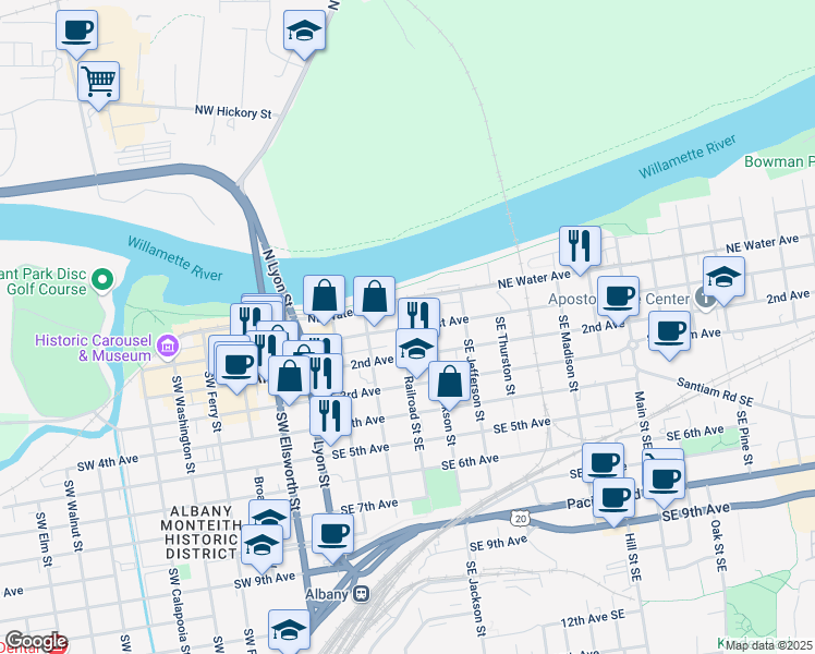 map of restaurants, bars, coffee shops, grocery stores, and more near 5630 Century Northwest Boulevard in Albany