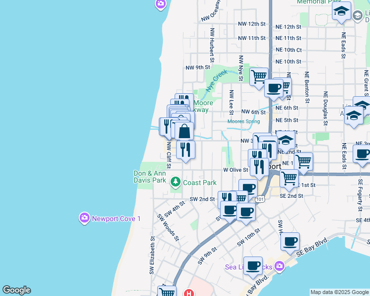 map of restaurants, bars, coffee shops, grocery stores, and more near 312 Northwest Coast Street in Newport