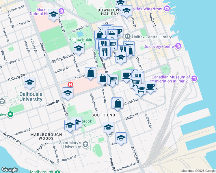 map of restaurants, bars, coffee shops, grocery stores, and more near in Halifax