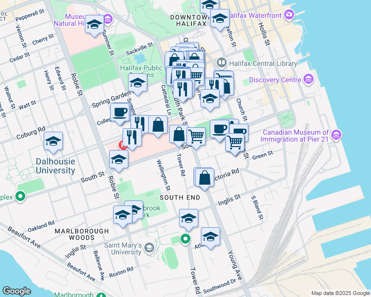 map of restaurants, bars, coffee shops, grocery stores, and more near 1278 Tower Road in Halifax