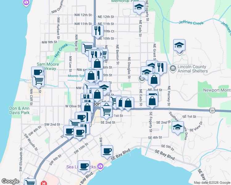 map of restaurants, bars, coffee shops, grocery stores, and more near 317-329 Northeast Benton Street in Newport